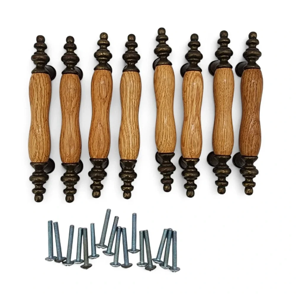 Vintage Salvaged Recycled‎ Wood & Brass Drawer Pulls Oak & Metal Cabinet Handles